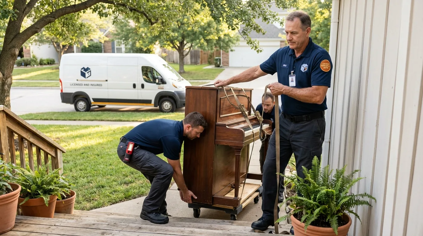 Licensed piano movers securing grand piano in Jerseyville, IL