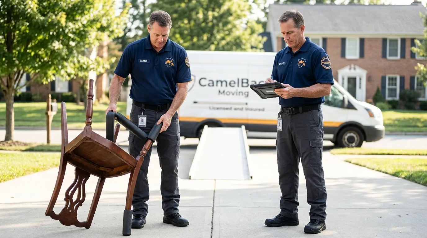 Movers inspecting furniture for damage prevention before loading in Jerseyville, IL